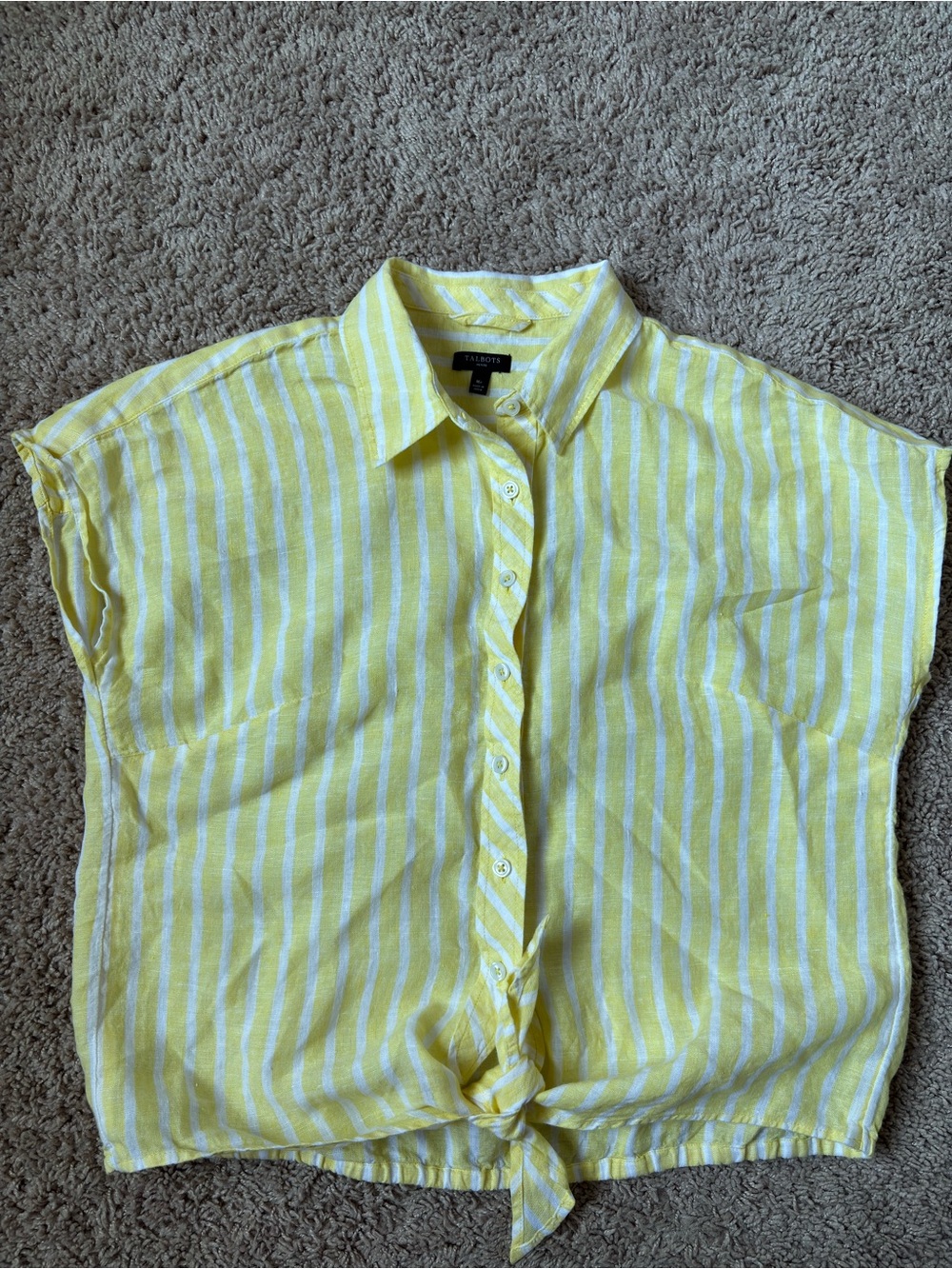 Talbots Petite Yellow & White Striped Button-Front Tie Hem Top